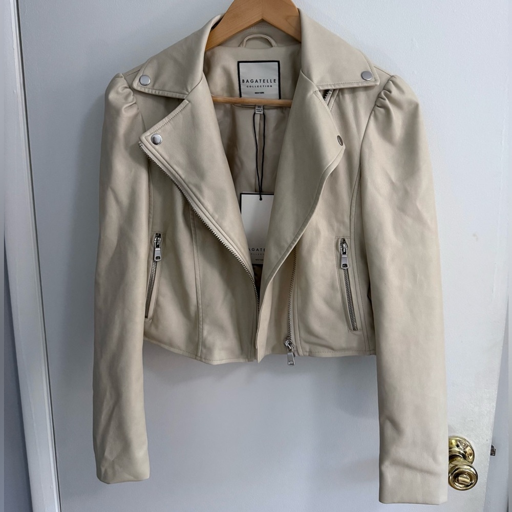 Bagatelle Women's Beige Leather Biker Jacket